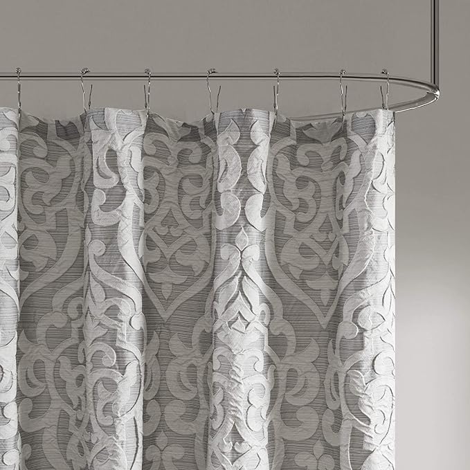 Madison Park Fabric Damask Medallion Shower Curtain, 72"x72", Silver | Luxe Textured Jacquard, Machine Washable Modern Home Bathroom Decor, Bathtub Privacy Screen