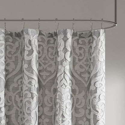 Madison Park Fabric Damask Medallion Shower Curtain, 72"x72", Silver | Luxe Textured Jacquard, Machine Washable Modern Home Bathroom Decor, Bathtub Privacy Screen