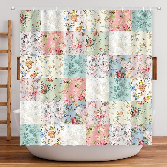 Boho Shower Curtain Patchwork Floral, Vintage Flowers Shower Curtain for Bathroom, Retro Shabby Chic Cottagecore Floral Shower Curtains Polyester Waterproof Farmhouse Decor Bath Curtains