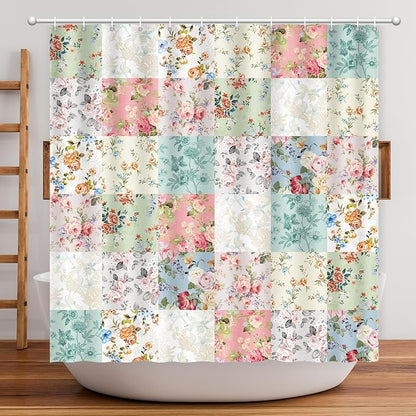 Boho Shower Curtain Patchwork Floral, Vintage Flowers Shower Curtain for Bathroom, Retro Shabby Chic Cottagecore Floral Shower Curtains Polyester Waterproof Farmhouse Decor Bath Curtains