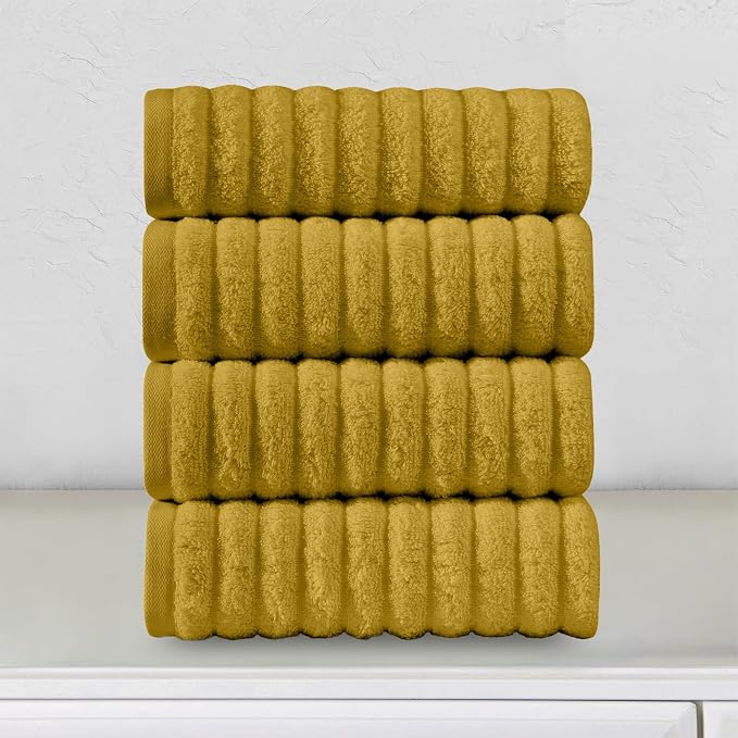 Elegant Comfort Luxury 100% Turkish Cotton Corduroy Ribbed 4 Pack Hand Towel Set 16 x 28 Inch - Absorbent, Super Soft, Quick Dry, Premium Towels for Bathroom, Gym, Spa and Hotel Use, Gold