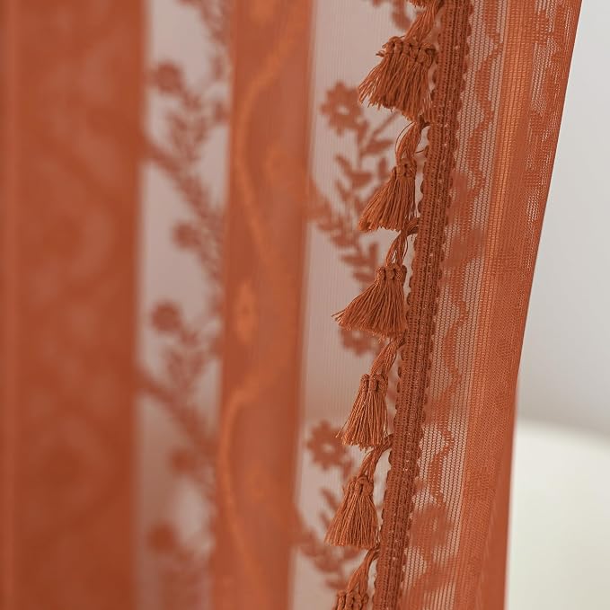 WAZZIO Bunrt Orange Lace Shower Curtain for Bathroom 72" W x 84" L, Victorian Farmhouse Floral Pattern Tassel Fancy Shower Curtain Boho Washable Cloth Decorative Bath Curtains,1 Panel