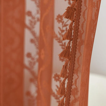 WAZZIO Bunrt Orange Lace Shower Curtain for Bathroom 72" W x 84" L, Victorian Farmhouse Floral Pattern Tassel Fancy Shower Curtain Boho Washable Cloth Decorative Bath Curtains,1 Panel