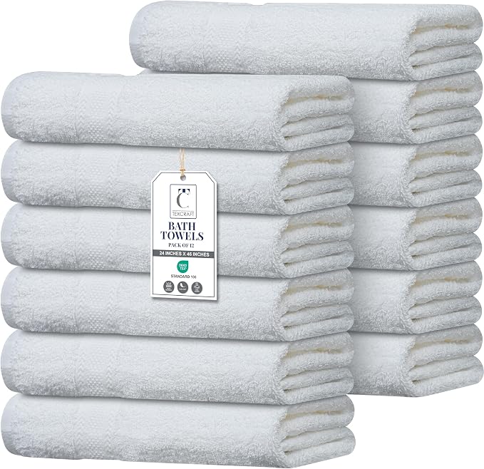 Commercial Bulk Pack of 12 Small Bath Towels – 100% Cotton Terry 24" x 46" – Ideal for Hotels, Salons, Gyms, Spas & Institutional Use – White