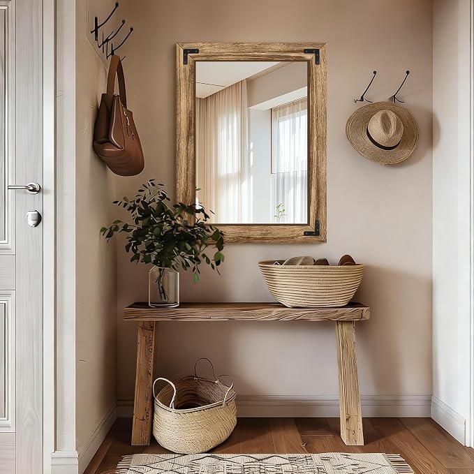 Bathroom Mirror for Wall, 24" x 32" Wooden Vanity Mirror | Solid Wood Frame, Rustic Farmhouse Style, Shatterproof Glass, for Bedroom, Living Room, Entryway Decor, Vertical/Horizontal