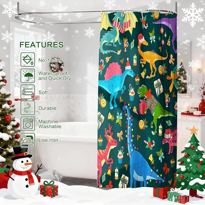 Shower Curtain Christmas, Green Kids Shower Curtain Santa's Hat Dinosaur Party Gift Box Cake Candy Jingling Bell String Light Xmas Theme Machine Wash Home Farmhouse Waterproof Decor Bathroom Curtain