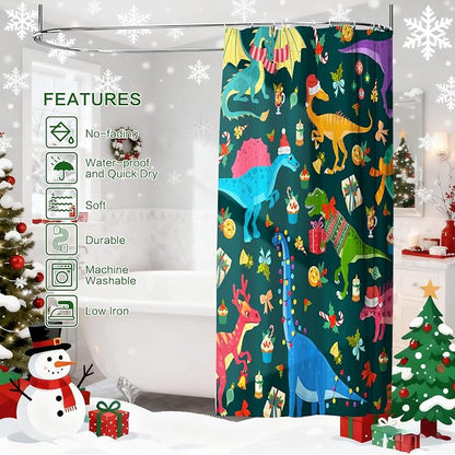 Shower Curtain Christmas, Green Kids Shower Curtain Santa's Hat Dinosaur Party Gift Box Cake Candy Jingling Bell String Light Xmas Theme Machine Wash Home Farmhouse Waterproof Decor Bathroom Curtain