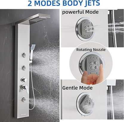 6 in1 Multi-Function Shower Panel Tower System-Brushed Gray | 304 stainless steel Shower Panel Column Tower with Powerful Body Massage, Rainfall, Waterfall,Handheld and Tub Spout