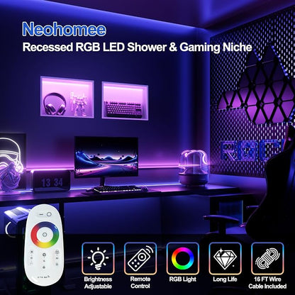 White Stainless Steel Shower Niche 18x12Inch, Dimmable RGB Led Light Wall Niche, No Tile Needed Recessed for Bathroom Storage Built-in Installation