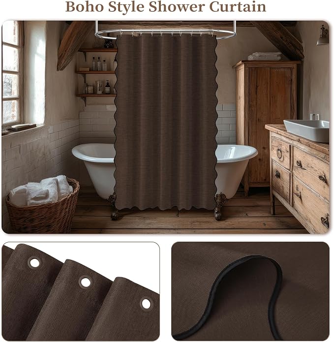 BTTN Small Shower Curtain, 54 Inch Boho Scalloped Linen Textured Heavy Duty Fabric Shower Curtain Set with 10 Hooks, Narrow Country Elegant Waterproof Fabric Shower Curtains for Bathroom, 54x72, Brown