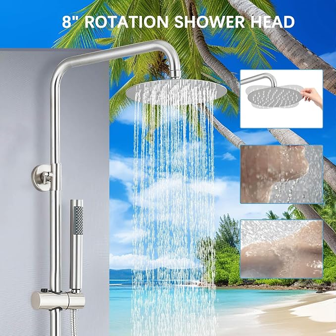 Rain Shower System Outdoor Shower Fixtures with 8" Rain Shower Head Handheld Sprayer Single Handle Wall Mounted Bathroom Shower Faucet Set Brushed Nickel for Bathroom or Backyard