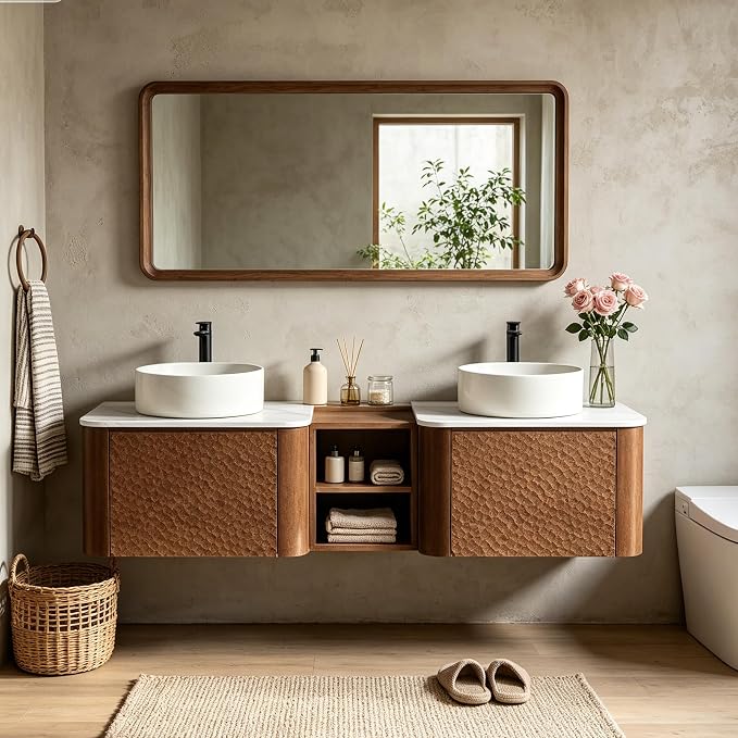 60 Inch Double Vanity with Sink Set, Floating Bathroom Sink Cabinet with Sintered Stone Top&Solid Wood Hammered Frame, Double Bathroom Vanities w/Soft-Close Drawers&1 Side Open Cube