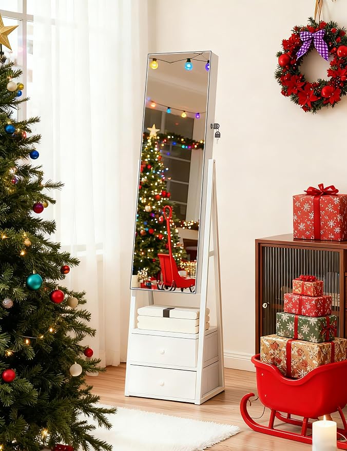 Nicetree Jewelry Cabinet Armoire, 2 Drawers, Full Length Mirror, Pure White | Standing Mirror Jewelry Cabinet, Lockable Jewelry Armoire with Mirror, Adjustable Angles, Easy Assembly, Gift Idea, HD Glass