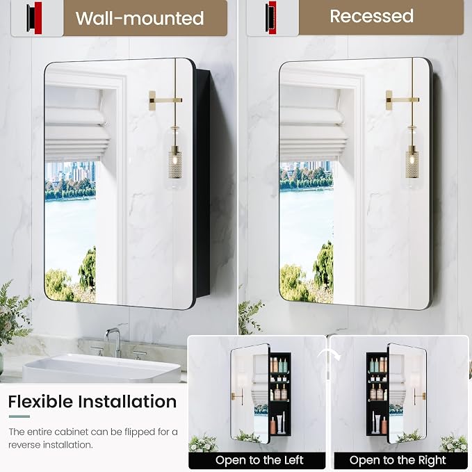 20x30 Black Medicine Cabinet with Mirror, Recessed & Surface Mount | Bathroom mirror with storage: 6 adjustable shelves fit tall bottles; DTC soft-close hinges; rust-resistant aluminum