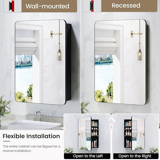 16x24 Medicine Cabinet with Mirror, Aluminum Bathroom Wall Organizer, Pre-Assembled, Center Partition for Tall Bottles, 6 Adjustable Shelves, Soft-Close, Recessed/Surface Mount, Matte Black