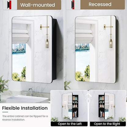 20x26 Inch Bathroom Medicine Cabinet with Mirror, Pre-Assembled Recessed or Surface Mount Wall Organizer, 6 Adjustable & Removable Tempered Glass Shelves, Soft Close DTC, Matte Black