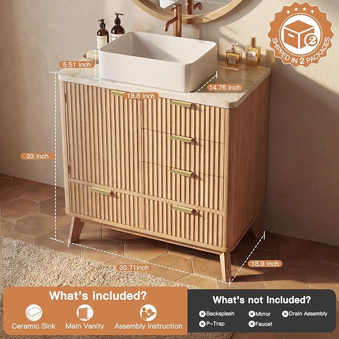 Concho 31'' Fluted Bathroom Vanity with Ceramic Sink, Modern Bathroom Sink Storage Cabinet with Wood Marble Top & 4 Spacious Drawers, Freestanding Bathroom Vanity Cabinet, Natural Oak