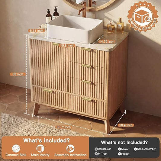 Concho 31'' Fluted Bathroom Vanity with Ceramic Sink, Modern Bathroom Sink Storage Cabinet with Wood Marble Top & 4 Spacious Drawers, Freestanding Bathroom Vanity Cabinet, Natural Oak