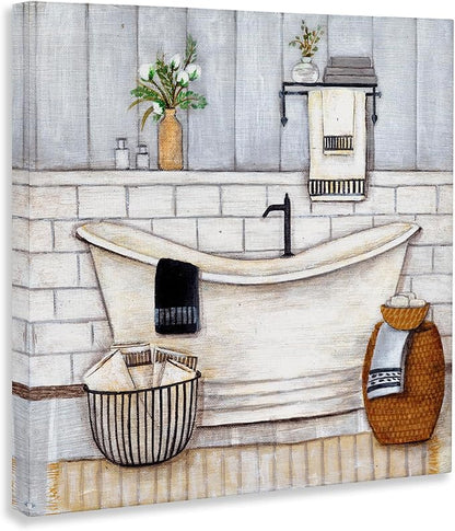 Bathroom Farmhouse Tub Floral, 36 x 36 Inch Canvas Wall Art | Stupell Industries · By Yellow Cafe · Ready to hang · Charming bath and laundry decor · Made in USA