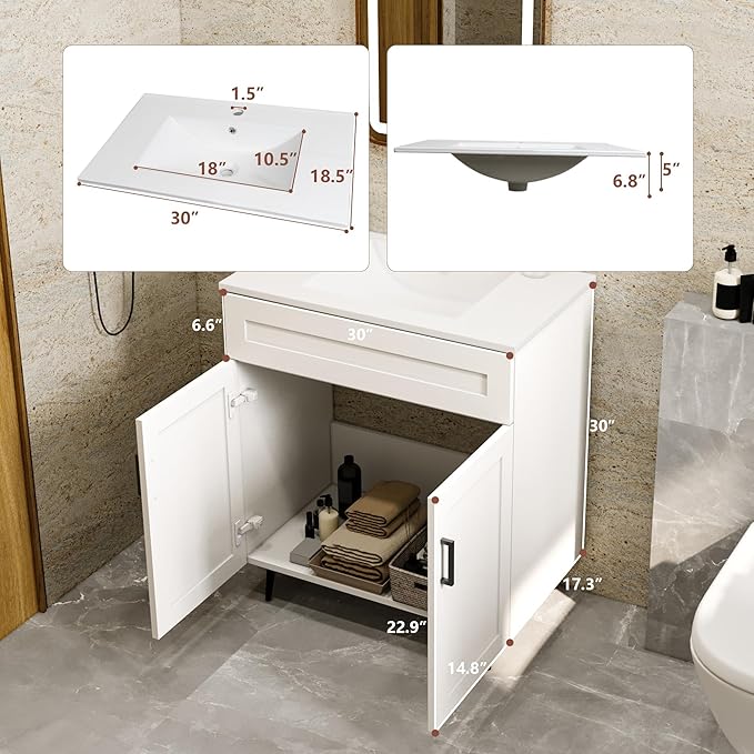 30 Inch Bathroom Vanity with Sink, Modern Wooden Freestanding Bathroom Storage Cabinet with 2 Doors and 1 Drawer, Metal Legs, Painted Surface, White