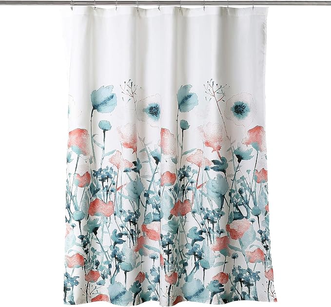 Lush Decor Zuri Flora Shower Curtain Single 72" W x 72" L Blue & Coral - Floral Shower Curtains for Bathroom - Blue Bathroom Curtain - Cottage Decor