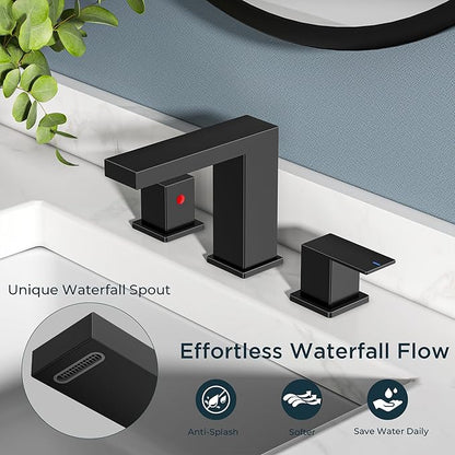 FORIOUS Waterfall Black Bathroom Faucet 3 Hole, 8 Inch Widespread Matte Black Waterfall Faucet for Bathroom Sink 3 Hole with Metal Pop-Up Drain and Supply Lines for Restroom, Lavatory, Vanity