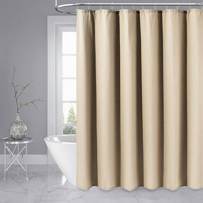 Waffle Shower Curtain 256 GSM Heavy Duty Fabric 72x72 Beige/Khaki | Thick Textured Cloth, Weighted Hem, Water Repellent Washable, Hotel Luxury Polyester Shower Curtain Set for Bathroom 12 Hooks