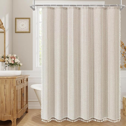 MitoVilla Boho Tassel Linen Shower Curtain,3D Embroidery Stripe Cream,72x84 | Extra Long Xl,310GSM Linen Texture Heavy Duty Cloth,Water Repellent,Wrinkle Resistant,Vintage Rustic Farmhouse Country