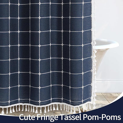 Long Boho Farmhouse Shower Curtain for Bathroom 72x78 | Long French Country Plaid Tassel Shower Curtain, Rustic Aesthetic Bathroom Decor Windows Curtain, Navy Blue