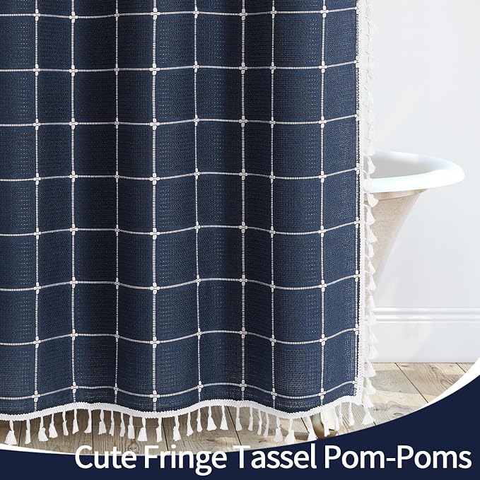 Extra Long Boho Farmhouse Shower Curtain for Bathroom 72x84 | Extra Long French Country Plaid Tassel Shower Curtain, Rustic Aesthetic Bathroom Decor Windows Curtain, Navy Blue