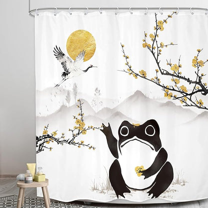 LGhtyro Funny Frog Shower Curtain Bathroom Set 71Wx71H Inches Asian Style Traditional Landscape Scenery Japanese Golden Plum Blossom Sun Bath Accessories Mountain Art Home Decor Fabric 12 Pack Hooks