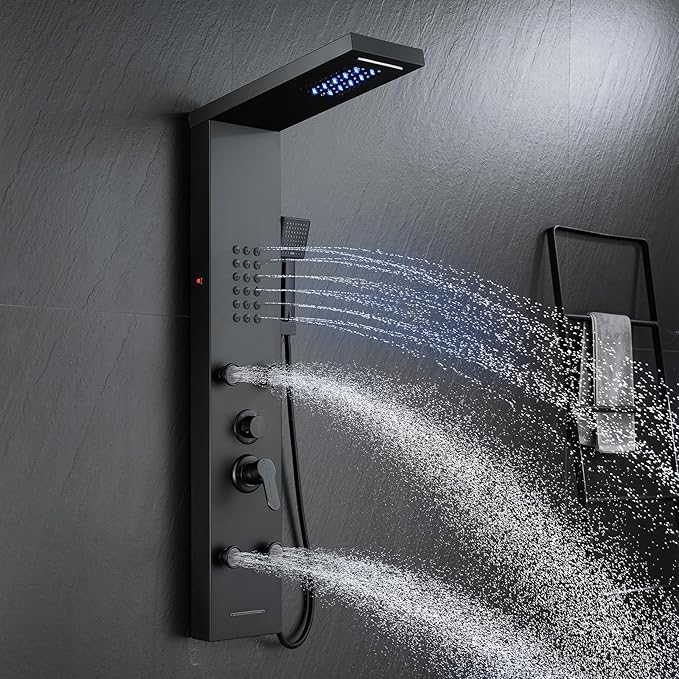 POPFLY Shower Panel Tower System, LED Rainfall & Waterfall Shower Head with Body Jets, Handheld Shower & Tub Spout, Matt Black Stainless Steel Wall-Mounted Bathroom Shower Column Tower