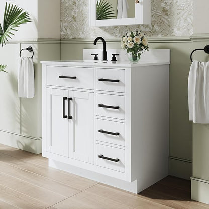 36-Inch Bathroom Vanity with Sink W/ 2 Doors & 4 Drawers & 1 Flip Drawer, White Vanity W/Matte Black Handles