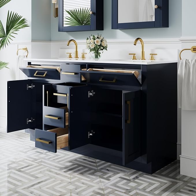 60-Inch Bathroom Vanity with Double Sinks W/ 4 Doors & 4 Drawers & 2 Flip Drawers, Navy Blue Vanity W/Brushed Gold Handles