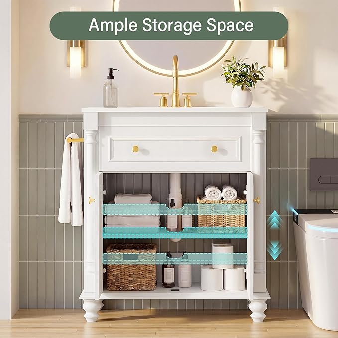 YESHOMY 30" Bathroom Vanity with Sink, Bathroom Storage Cabinet | Bathroom Vanity, Solid Wood, Integrated Ceramic Basin, 1 Flip-Down Drawer, 2 Doors & Adjustable Shelf, Milk White