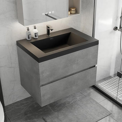 30 Inch Floating Bathroom Vanity with Sink, Modern Grey Wall Mounted Floating Vanity with Scratch-Resistant Quartz Sand Basin and Soft Closing Drawers, Pre Assembled Bathroom Vanity
