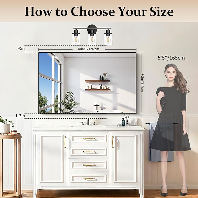 Black Bathroom Mirror for Wall, 30x48 Inch Rectangle Mirrors with Metal Frame, Modern Vanity Wall Mirror Decor for Bathroom Living Room, Entryway Hangs Horizontal or Vertical