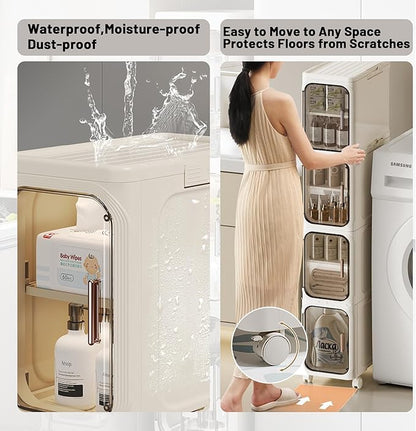 5-Tier Tall Narrow Storage Cabinet with Transparent Doors and Shelves,Plastic Slim Bathroom Organizer, Foldable Storage Cabinet for Small Space, Bathroom, Kitchen