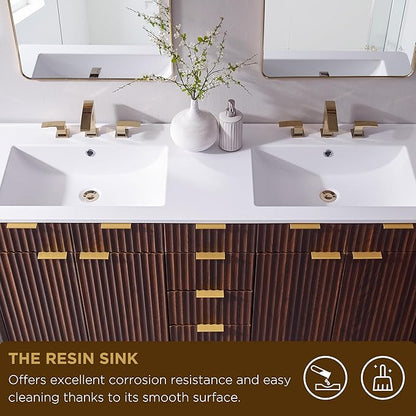 T4TREAM 60" Fluted Bathroom Vanity with Resin Sink Combo，Freestanding Modern Bathroom Storage Vanity Cabinet with Soft Closing Doors & 3 Drawers，Wood Grain Texture，Metal Handle，Dark Walnut