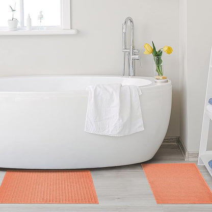Superior Striped Bath Mat 2-Pack, 100% Combed Cotton, Luxury Spa Ribbed Texture, Durable and Washable Bathroom Mats - Coral, 22" x 35" each