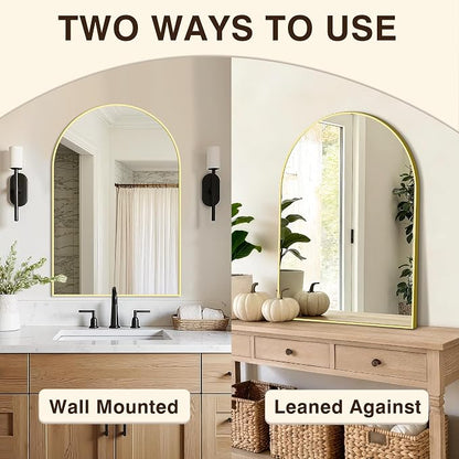 Arched Bathroom Vanity Mirror for Over Sink, 30”x20”, Gold | HD Tempered Glass, Anti-Rust Metal Frame, Hanging or Leaning, Wall Mirrors for Bathroom Sink, Bedroom, Living Room, Entryway