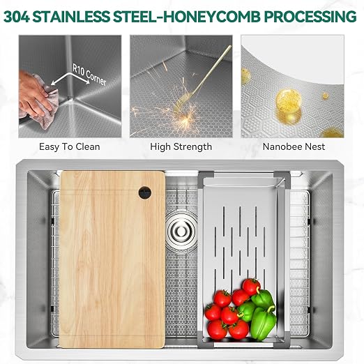 YITAHOME 32x19inch Undermount Kitchen Sink Workstation, 304 Stainless Steel Single Bowl Drop in Sink with Accessories, Honeycomb Surface Design Scratches Resistant