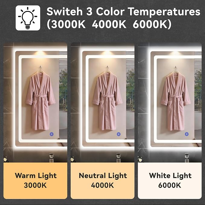 18“ x 24” LED Bathroom Smart Mirror, Rectangle Mirror with Three Color Light Temperature Brightness Settings,Backlit + Front Lit,Wall-Mounted Vanity Mirror with Memory Function