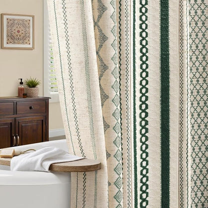 Dark Green Boho Shower Curtain for Bathroom, Linen Striped Print and Twine-Inspired Woven Center,72" W x 72" L
