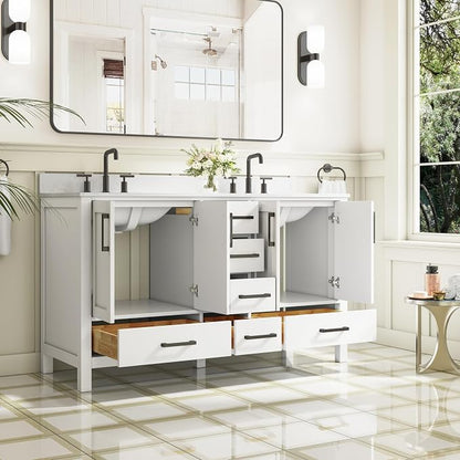 60-Inch Bathroom Vanity with Sink, 4 Soft-Close Doors and 6 Soft-Close Drawers, Bathroom Freestanding Vanity with Cultured Marble Countertop, White Vanity with Matte Black Handles