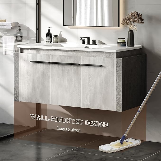 YITAHOME 38 Inch Floating Bathroom Vanity with Sink, Wall Mounted Modern Bathroom Vanity, Bathroom Cabinet Vanity with Three Extra Large Doors