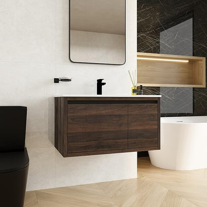 36 Inch Bathroom Vanity with Sink,Wall Mounted Bathroom Vanity Sink Combo w/Soft Close Door&Drawer for Large Space,Modern Floating Bathroom Vanity w/Top Basin&Brown Storage Cabinet