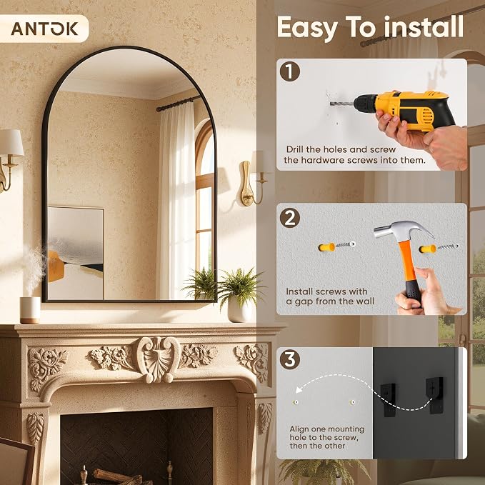 Antok Arched Bathroom Mirror, 20"x30" Wall Mounted Mirror, Vanity Mirrors for Over Sink, Aluminum Alloy Frame Bathroom Mirrors Living Room, Bedroom and Entryway, Black