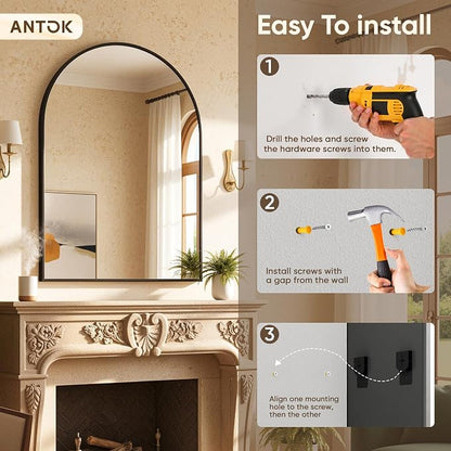 Antok Arched Bathroom Mirror, 20"x30" Wall Mounted Mirror, Vanity Mirrors for Over Sink, Aluminum Alloy Frame Bathroom Mirrors Living Room, Bedroom and Entryway, Black
