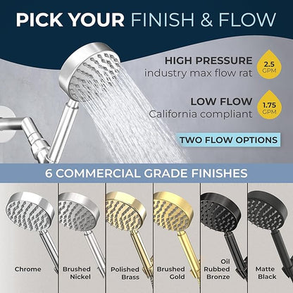 HammerHead Showers® Solid Metal Handheld Shower Head with Hose and Brass Holder - BRUSHED NICKEL - 2.5 GPM High Pressure Shower Heads with Adjustable Shower Wand Bracket - 6ft Flexible Extension